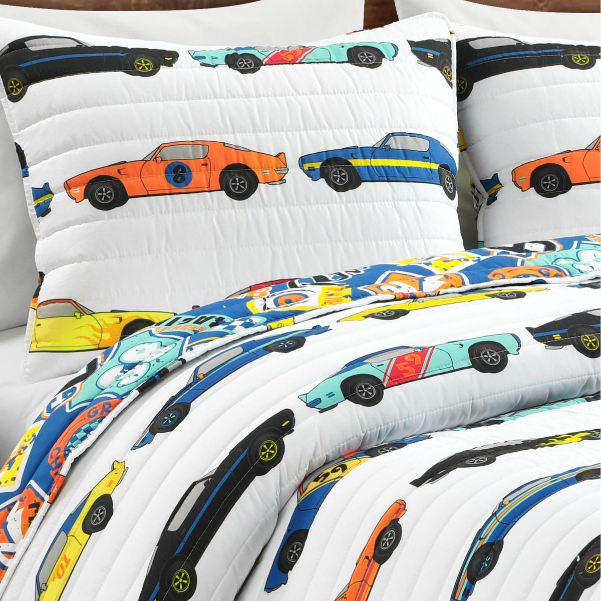 Lush Decor Race Cars Reversible Quilt White/Multi 2Pc Set Twin - thumbnail 2
