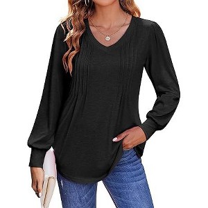 Zeagoo Women's Puff Long Sleeve Shirts Pleated V Neck Fall Tunic Tops Blouse Dressy Casual Summer T-Shirts - 1 of 4