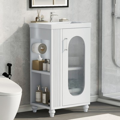 ALEXOUN 20" Bathroom Vanity with Ceramic Sink,Bathroom Cabinet with Toilet Paper Holder & Open Shelf Two Drawers and Glass Door,for Small Space