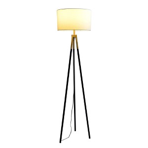 Brushed-Gold Floor Lamp – Triple Legs, White Fabric Shade - 1 of 4