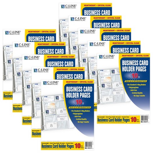 C-Line Business Card Holder, Poly Without Tabs, Holds 20 Cards/Page, 11-1/4 inch x 8-1/8 inch, 10 per Pack, 10 Packs, Clear