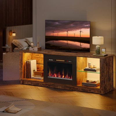Bestier 63” Fireplace TV Stand for TVs Up to 70", LED Entertainment Center with Highlight Cabinet, Modern Media Console with Remote Control Heater