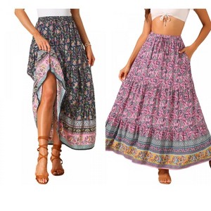 INSPIRE CHIC Women's Boho Casual Floral Printed Elastic Waist Maxi Skirts 2 Packs - 1 of 4