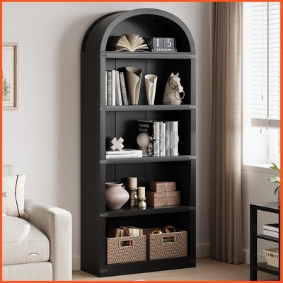 Bookcase with Doors Arched Bookshelf 71.65in Tall Bookcase Farmhouse Cabinet with Shelves Wooden Bookshelves