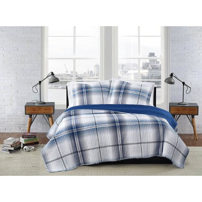Twin XL 2pc Nolan Houndstooth Stripe Quilt Set White/Blue - London Fog