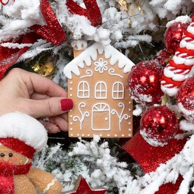 Set of 12 Light Brown and White Porcelain Gingerbread House Ornaments