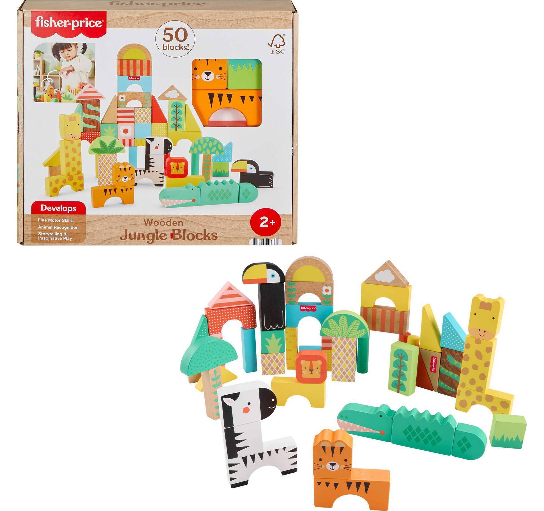 Fisher-Price Wooden Jungle Blocks Animal-Themed Building Set for Toddlers 50pc Wooden
