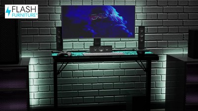 Sleek 46'' Black Tempered Glass Gaming Desk with LED Lights