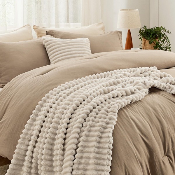 Set de Edredón de 5 Piezas con Manta a Cuadros y Cojín Decorativo, Ropa de Cama Ligera para Todo el Año, Tartán de Lino 5