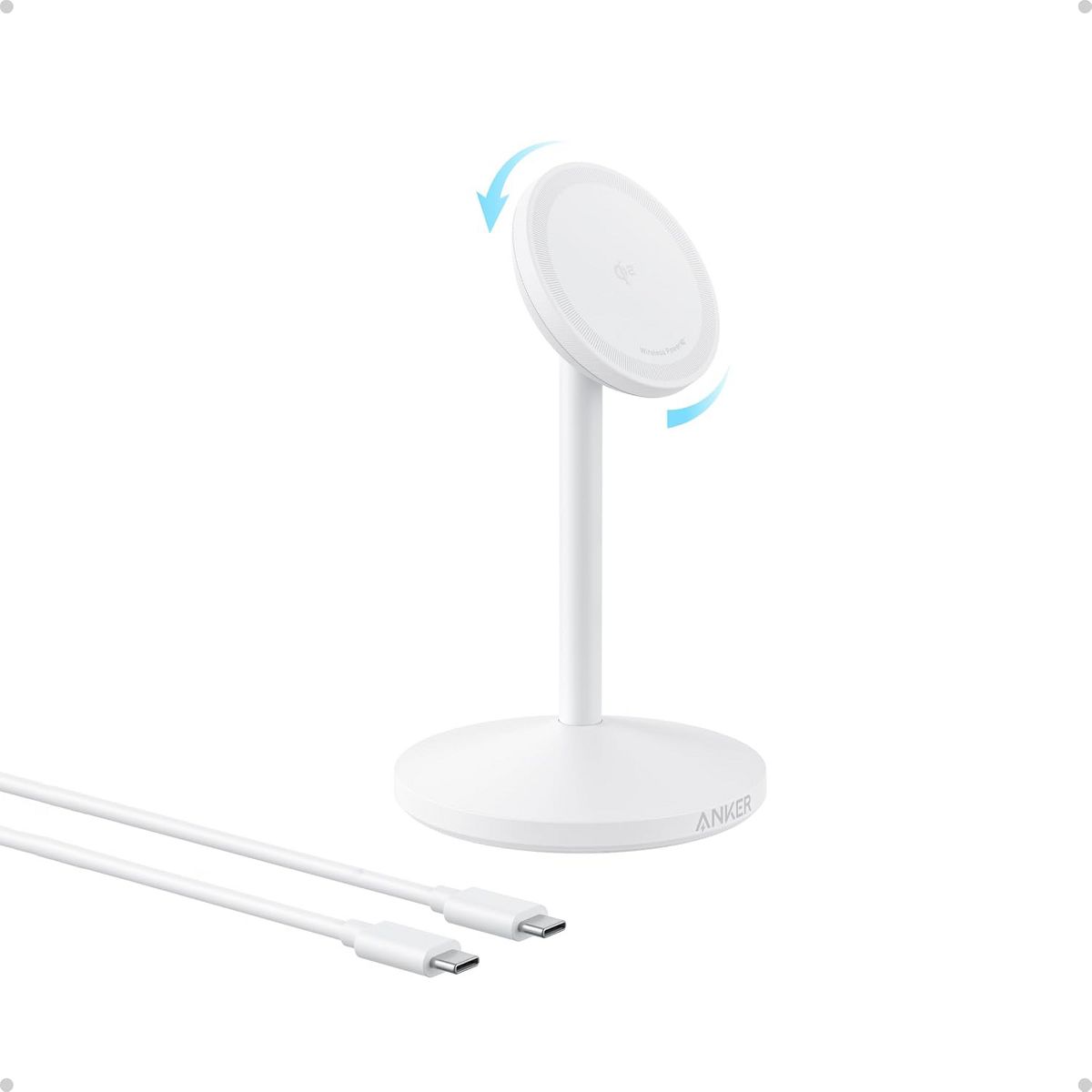 Anker MagGo iPhone 17 MagSafe Charger Compatible Stand, 15W Fast Magnetic Wireless Charging Station, Magnetic Stand for iPhone (White, No Adapter)