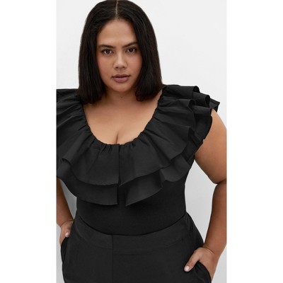 Women's Plus Size Frill Shoulder Bodysuit - black | CITY CHIC