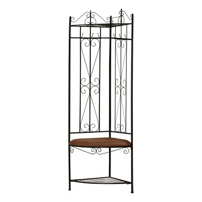Black Metal Corner Hall Tree with Brown Upholstered Bench and Storage