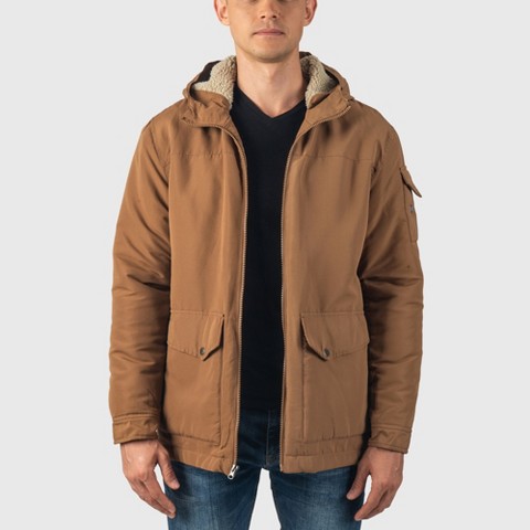 Alpine Swiss Shane Mens Faux Shearling Lined Parka Hooded Winter Coat Cargo Utility Jacket Tan Large