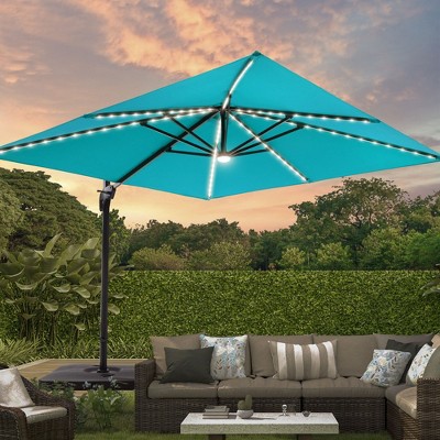 Sonkuki 10×10FT Outdoor LED Cantilever Patio Umbrella w/Base, 360° Rotation and Infinite Canopy Angle Adjustment