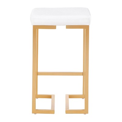 Set of 2 White Velvet and Gold Metal Counter Stools