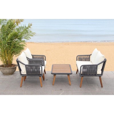 Transitional Beige & Gray 4-Person Eucalyptus Wood Rope Outdoor Living Set