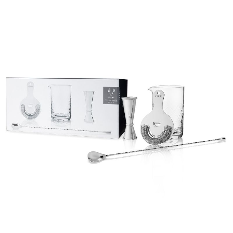 Viski Stainless Steel Bartender Set 4pcs Kit | Drink Mixers for Cocktails Gift Essentials: Mixing Glass, Hawthorne Strainer and Barspoon, Silver, 1 of 12