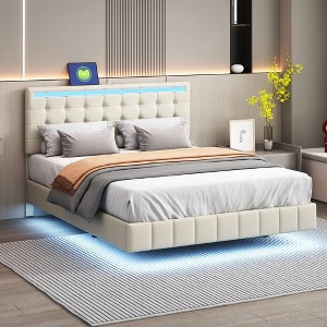 NicBex Full/Queen Floating Bed Frame with Headboard,Modern Upholstered Platform Bed Frame with LED Lights and USB,Wood Slats Support,No-Noise - 1 of 4