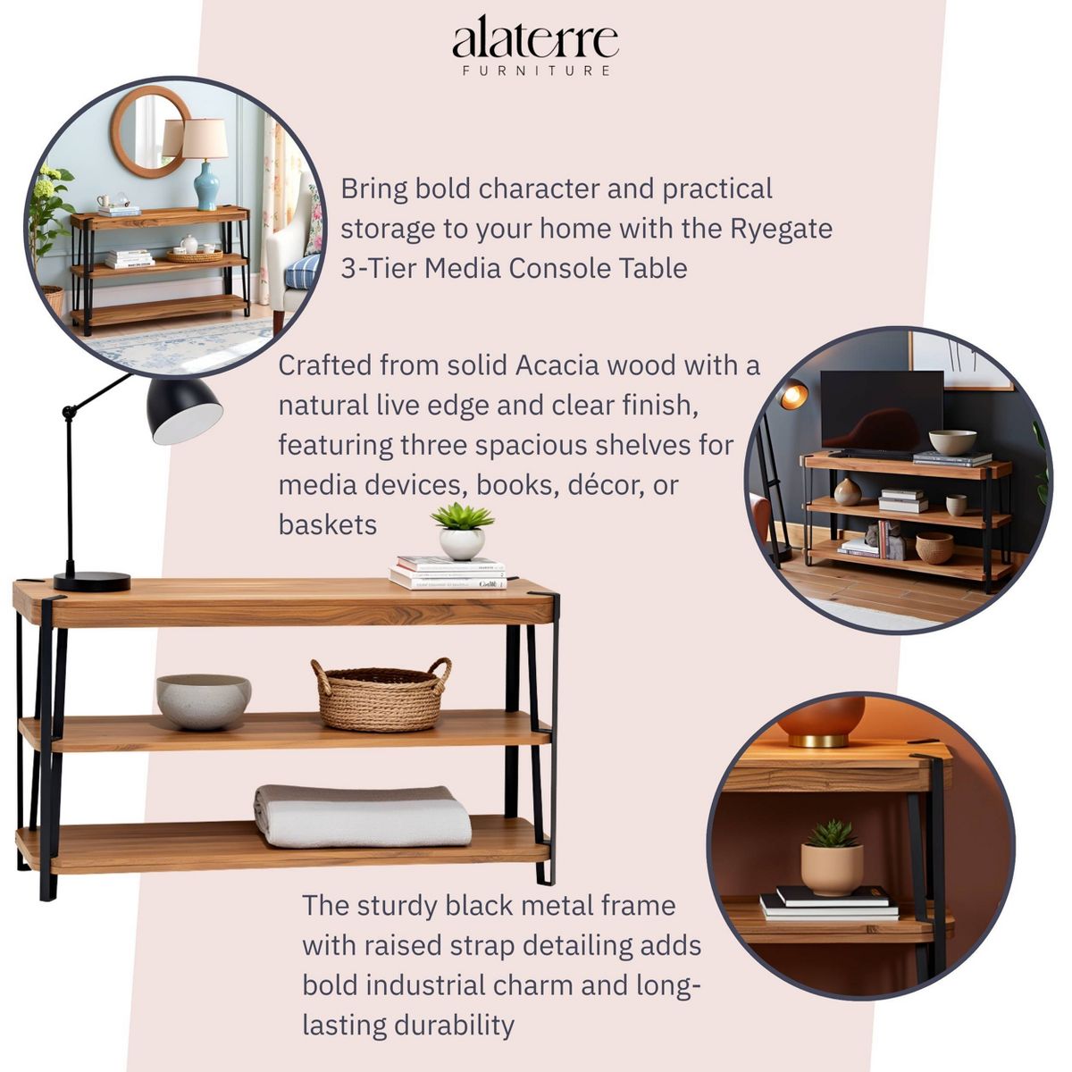 Alaterre Furniture Ryegate Metal And Wood TV Stand for TVs up to 55" Natural Brown: Media Console with Open Back, Acacia Surface - thumbnail 3