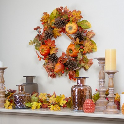 24" Orange Pumpkins Pine Cones and Berries Fall Harvest Wreath