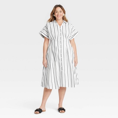 Women's Short Sleeve Pleated Midi Shirtdress - Ava & Viv™ Cream Pinstripe 2X