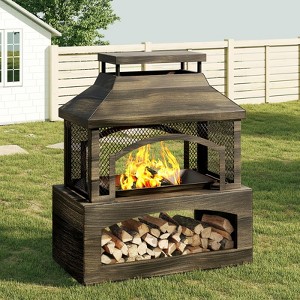 Bestier Fire Pits for Outside Wood Burning, Outdoor Chiminea Fireplace with Log Storage Rack, Mesh Screen, Pocker for Patio Party Camping, 37" - 1 of 4