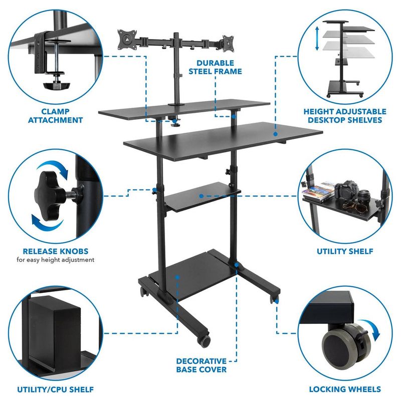 Mount-It! Mobile Standing Desk with Dual Monitor Mount | 40 Inch Wide Height Adjustable Rolling Computer Workstation with Four Wheels | Black, 3 of 11