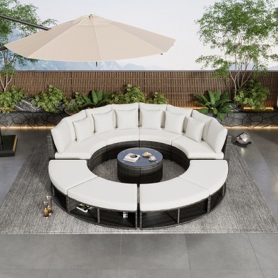 Oris 9-Piece PE Rattan Outdoor Patio Sectional Sofas with Extra Storage Space, Coffee Table and 6 Pillows, Outdoor Furniture - Maison Boucle