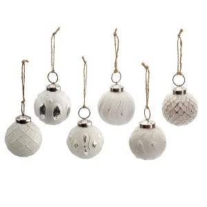 AuldHome 2" Farmhouse Ball Ornaments, Set of 6; Distressed Metal Tin Glass Ball Vintage Style Christmas Decorations - 1 of 4