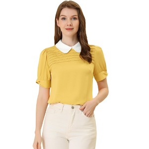 INSPIRE CHIC Women's Vintage Peter Pan Collar Contrast Puff Short Sleeve Blouse - 1 of 4