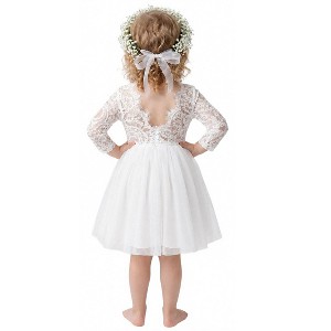 4t white lace dress 2Bunnies Girls' 12M-10Y Paisley Lace Tulle Long Sleeve Knee Flower Girl Dress 4T / White
