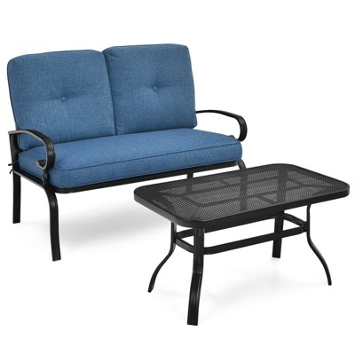 Tangkula 2PCS Patio Conversation Set Outdoor Loveseat w/Coffee Table & Cushions