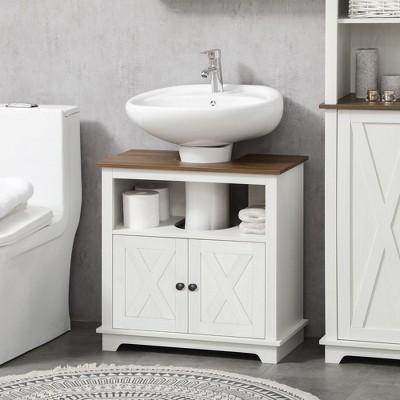 White and Brown Pedestal Sink Cabinet with Double Doors