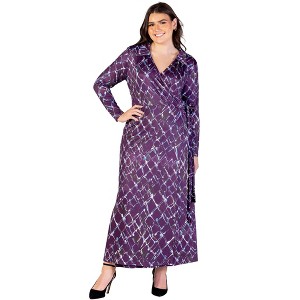 24seven Comfort Apparel Plus Size Purple Print Collared Wrap Maxi Dress - 1 of 3