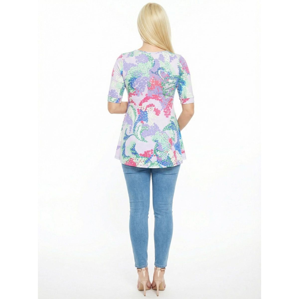 24seven Comfort Apparel Maternity Abstract V Neck Elbow Sleeve Henley Tunic Top - thumbnail 3