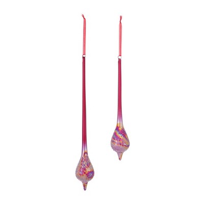 Set of 12 Iridescent Red and Silver Glass Drop Ornaments