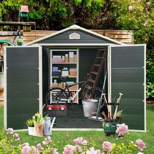 8x6FT Resin Outdoor Storage Shed with Floor, Window, and Lockable Door – Large Plastic Shed for Patio Furniture, Backyard Tools, Bicycles - 1 of 4