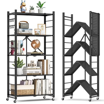 SUGIFT Foldable Storage Shelves with Wheels Heavy Duty Metal Rack 4 Tier or 5 Tier Rolling Organizer for Garage Kitchen Office No Assembly