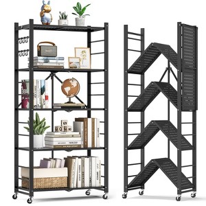 SUGIFT Foldable Storage Shelves with Wheels Heavy Duty Metal Rack 4 Tier or 5 Tier Rolling Organizer for Garage Kitchen Office No Assembly - 1 of 4