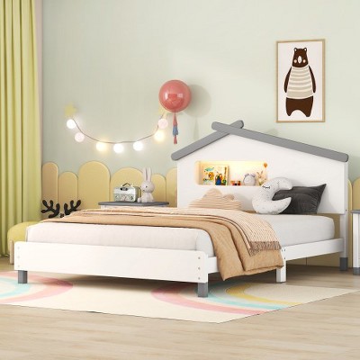Wood Bed Frame With House-Shaped Headboard Motion Activated Night Lights 300LBS Max Load Easy Assembly Platform Bed