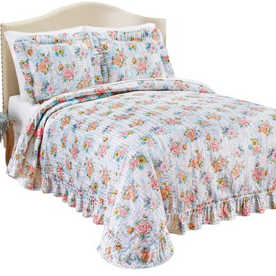 Collections Etc Juliana Watercolor Pastel Floral Plissé Bedspread