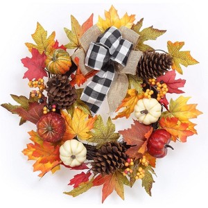 Acekool 20" Autumn Wreath for Front Door, Artificial Fall Harvest Wreath with Pumpkins, Pine Cones, Maple Leaves & Plaid Bow, Thanksgiving Wall Décor - 1 of 4