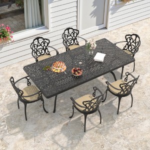 (7-PC)Premium Black Cast Aluminum Patio Set - Weather-Resistant Outdoor Table & Chairs with Beige Cushions - 1 of 4