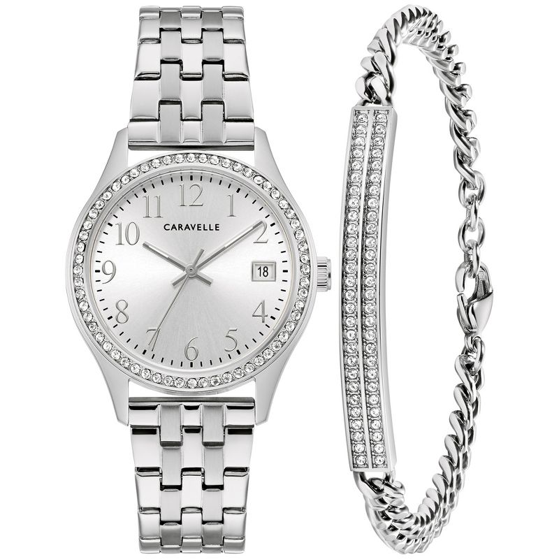Caravelle designed by Bulova Classic Crystal Accented 3-Hand Date Quartz Watch and Bracelet Gift Set, 1 of 9