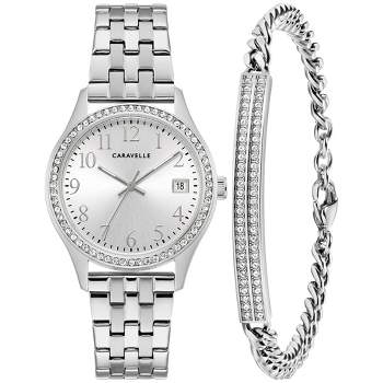 Caravelle designed by Bulova Classic Crystal Accented 3-Hand Date Quartz Watch and Bracelet Gift Set