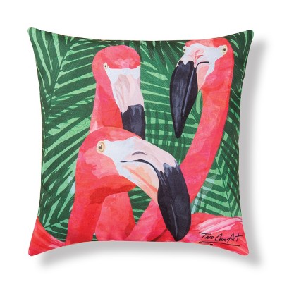 Outdoor Patio Toss Pillow ~ Flamingo on Green ~ 15 x 15 x 6 **NEW** 1 