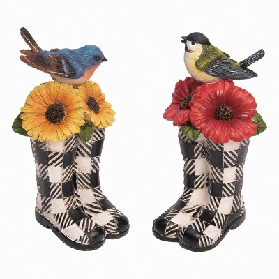 Transpac Resin Bird On Checker Boot Set of 2 Spring Home Decorations