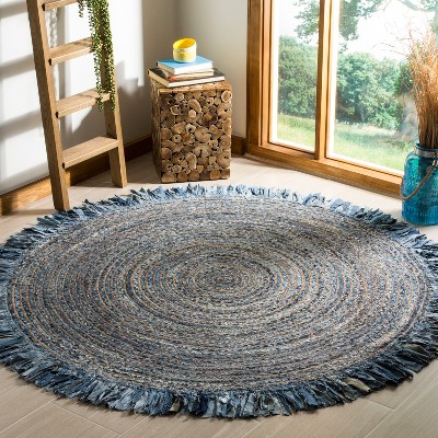 Ivory and Denim Round Handmade Cotton Flatweave Rug