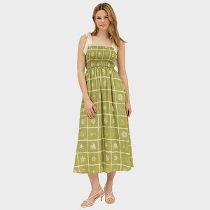 August Sky Women's Smocked Faux Tie Strap Sea Print Midi Dress - 1 of 4