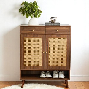 Multi-functional Minimalist MDF Shoe Cabinet with Rattan Weaving,Industrial Style Storage with Top Drawers & Lower Cabinet Doors, Space-Saving - 1 of 4